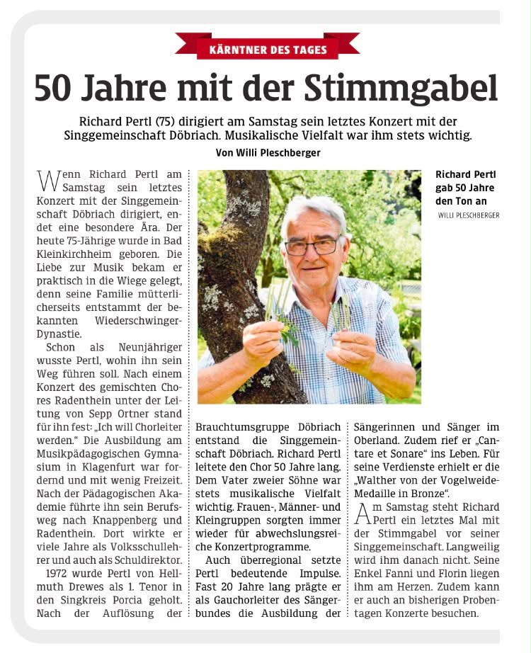 Kleine Zeitung Artikel über den Chorleiter Richard Pertl