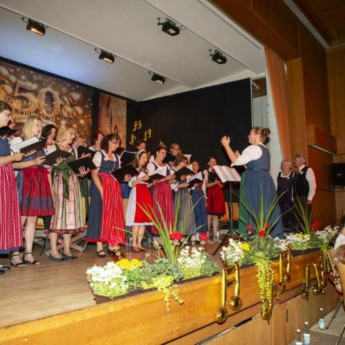 Die Sängerinnen und Sänger der Singgemeinschaft Döbriach werden bei ihrem Auftritt dirigiert.